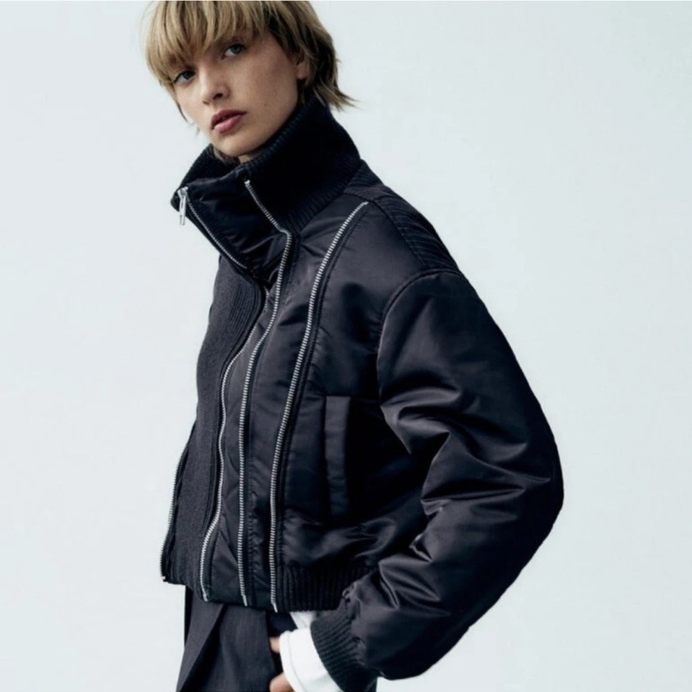 Zara Black Bomber Jacket with Silver Zippers - Picture 4 of 9